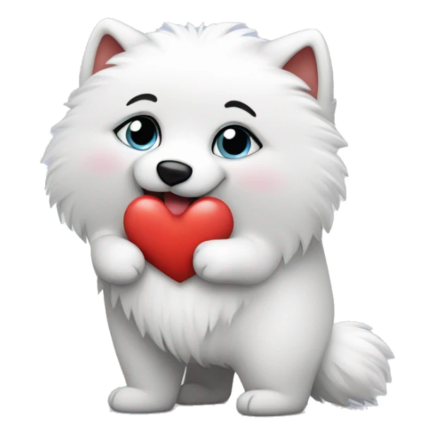 American Eskimo holding a big cute heart sticker