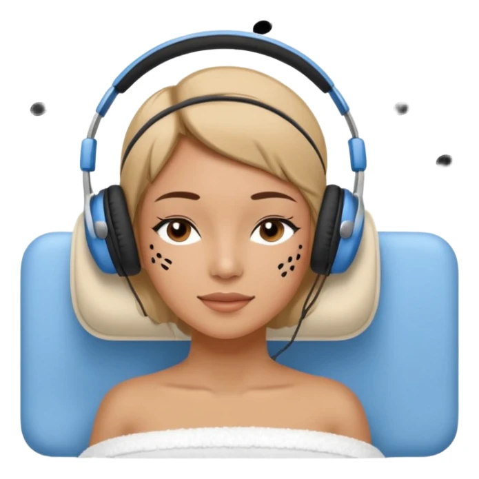 A stylized young woman lying on a massage table, relaxed, wearing headphones, small musical notes around the head. Flat vector style, thick black outline, simple palette (warm beige-brown tones + accent blue), clean background, high legibility at small size. 72x72, square, vector. sticker