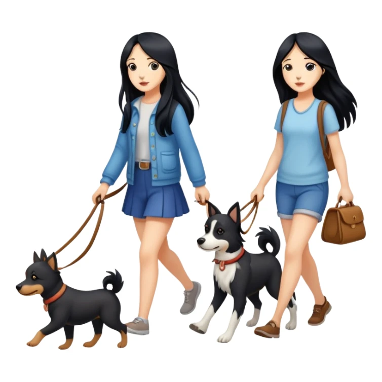 A girl with long black hair walking with three dogs sticker