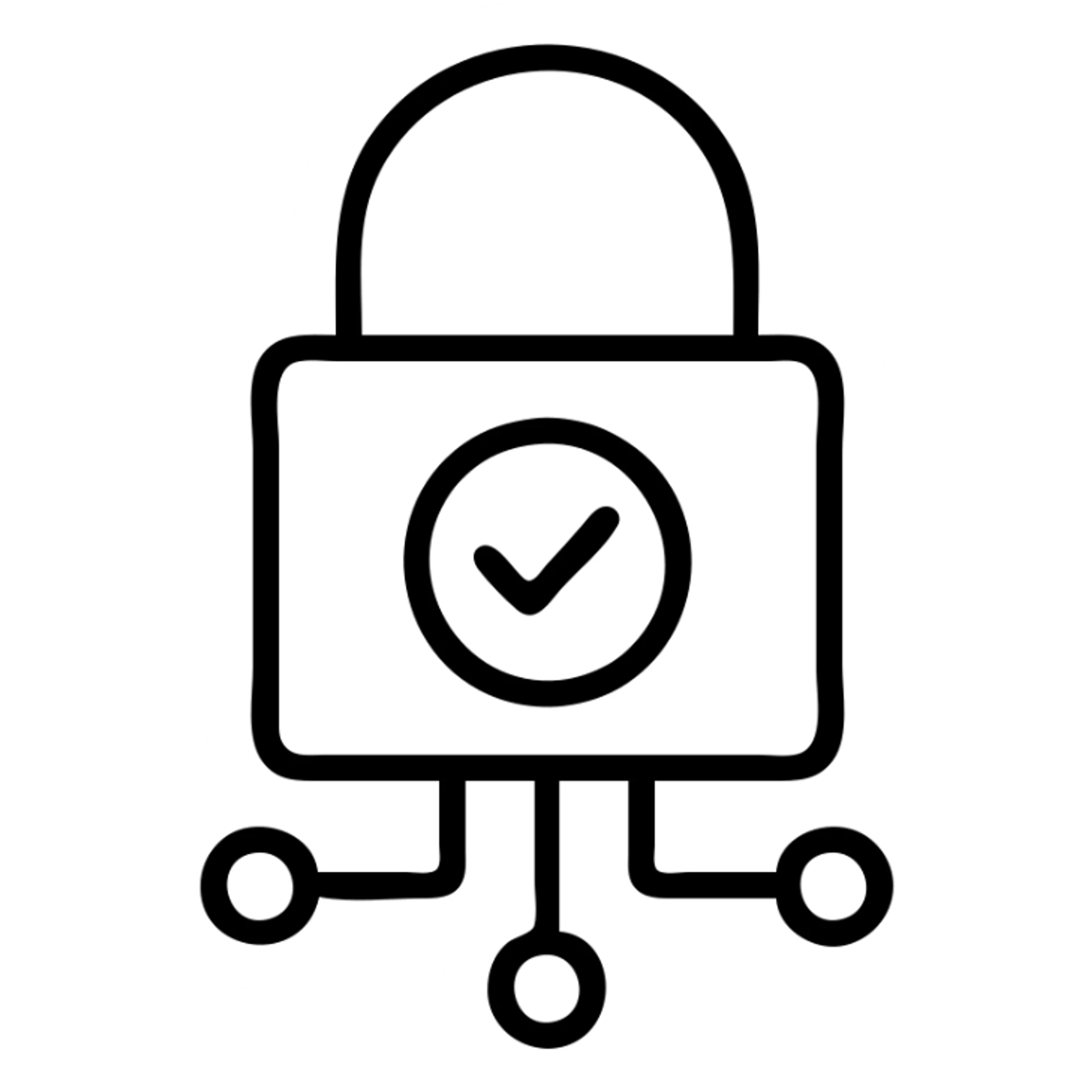 padlock with a checkmark and digital network nodes, clean lines, professional, for an information security expert sticker
