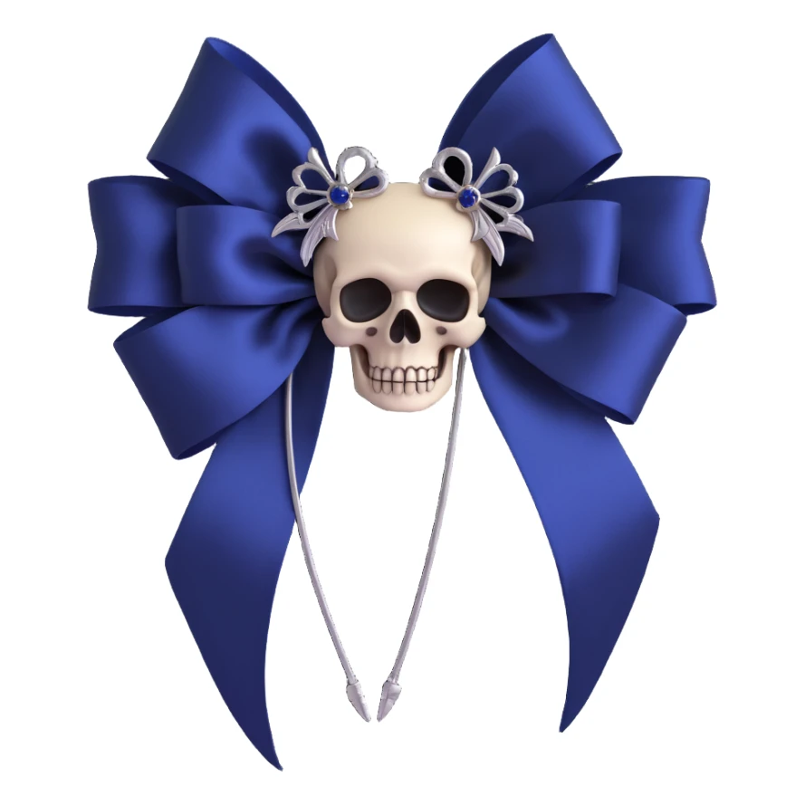 gothic bow, midnight blue silk, silver skull brooch, black feather accents, mysterious and lush sticker