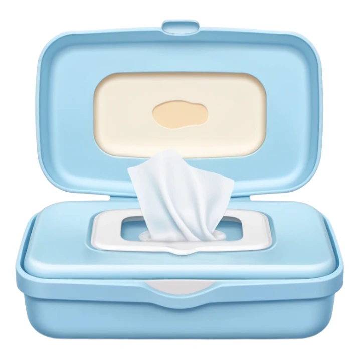 soft rectangular pack of baby wipes, slightly puffed, semi-open plastic lid on top, a single white wipe slightly pulled out, pastel-colored light blue pink or green, no branding or extra design, soft lighting, subtle shadows, emoji scale sticker