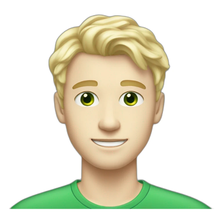 blonde twenty year old pale skin guy with side part brow-length wavy bangs but buzzed on sides and back and green eyes sticker