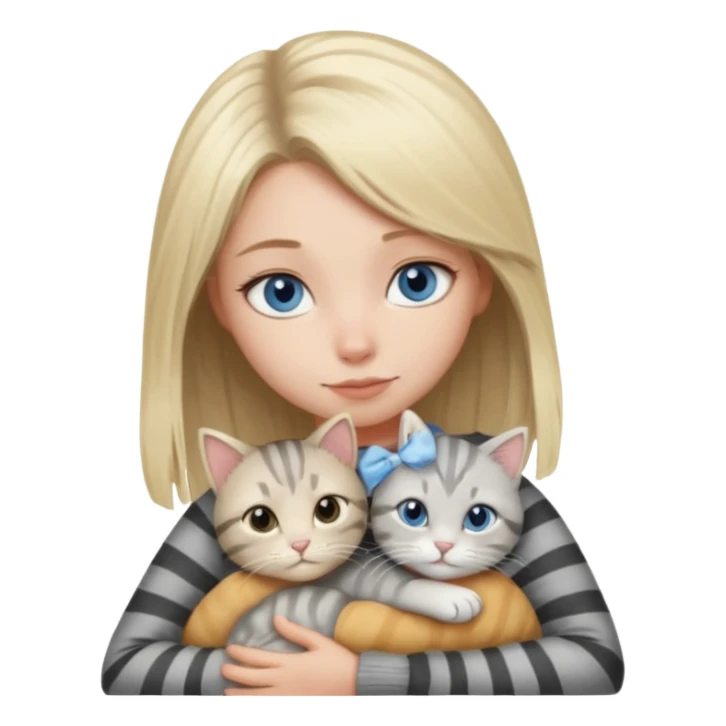 Blonde girl with blue eyes cuddling with light grey tabby cat with dark grey stripes sticker