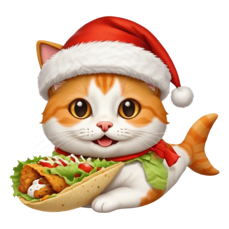 Happy Cat eating  a fish taco wearing a Santa hat sticker