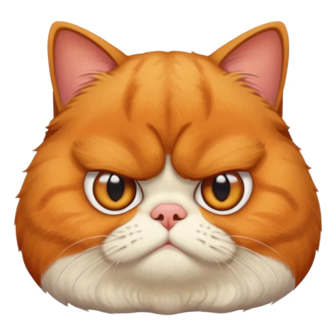 貓咪特徵強調
 
品種/臉型： 以**加菲貓（Garfield cat）或異國短毛貓（Exotic Shorthair）**為原型。
面部特徵： 強調扁臉（Flat face）、極度厭世的表情（Extremely grumpy/grumpy/displeased expression）、深深的皺眉（Deeply furrowed brow）、以及大眼睛（Large eyes）。
毛髮： 擁有雙層、蓬鬆的長毛（Double-coated, fluffy long fur）。 sticker