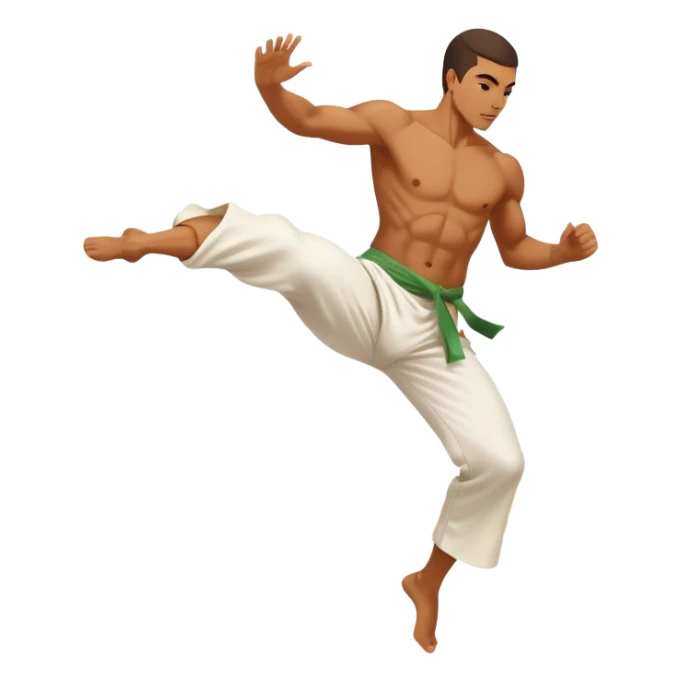 A Brazilian man as a capoeira fighter in mid-air performing a spinning kick, with Brazilian features, tan skin tone, wearing traditional white capoeira pants and a cord, vibrant and flowing pose, surrounded by motion swirls sticker