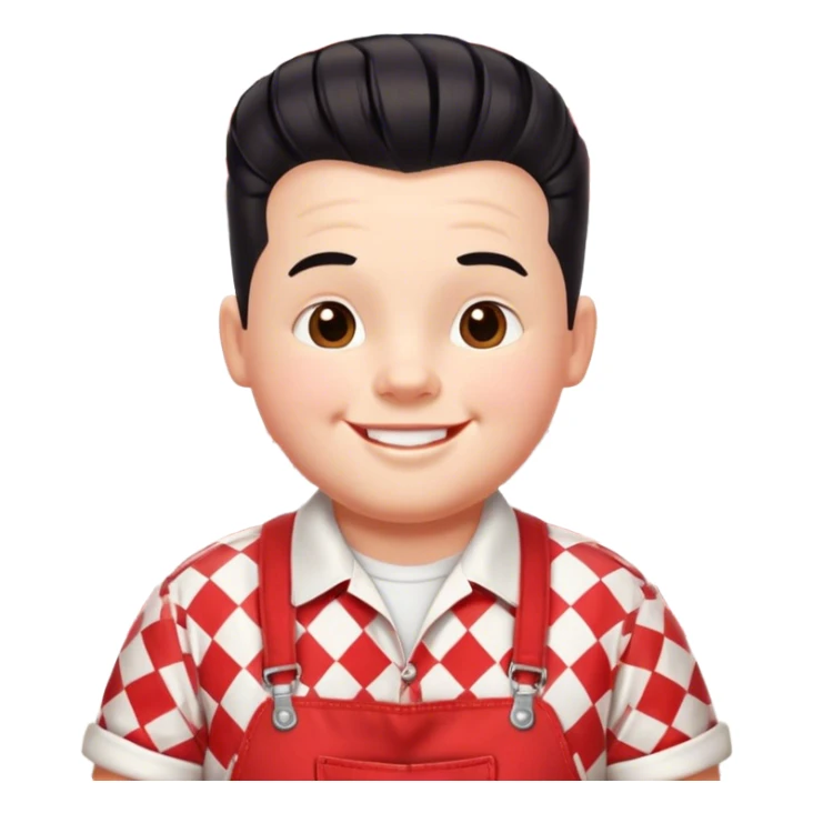 A cheerful, chubby boy with a retro 1950s diner aesthetic, wearing red-and-white checkered overalls and a white t-shirt. He has a playful, confident smile and a classic black pompadour hairstyle sticker