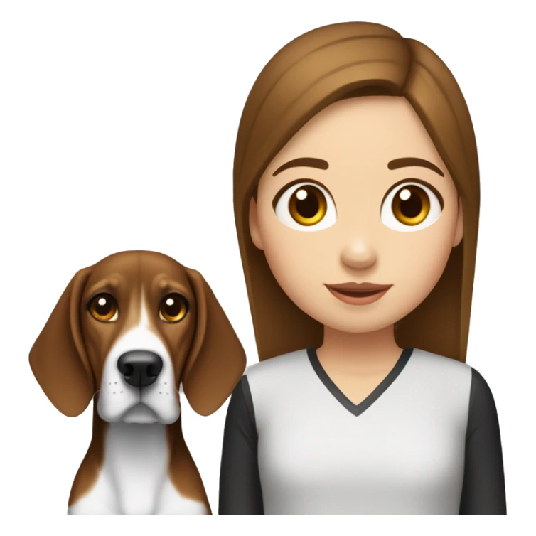 Girl with brown hair and a treeing walker coonhound who is black and white with little bown sticker