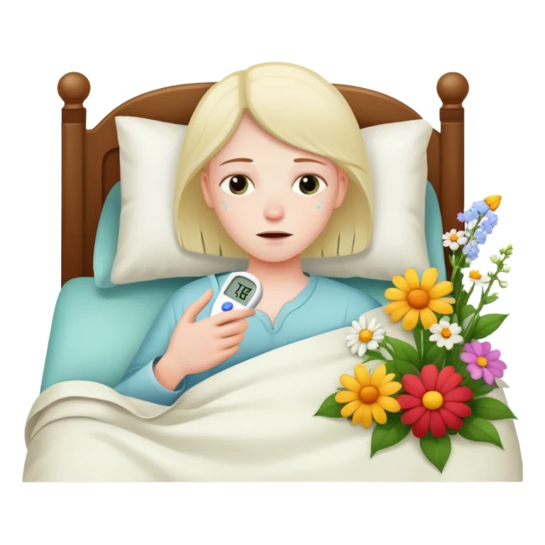 sick person in bed with thermometer and flowers sticker