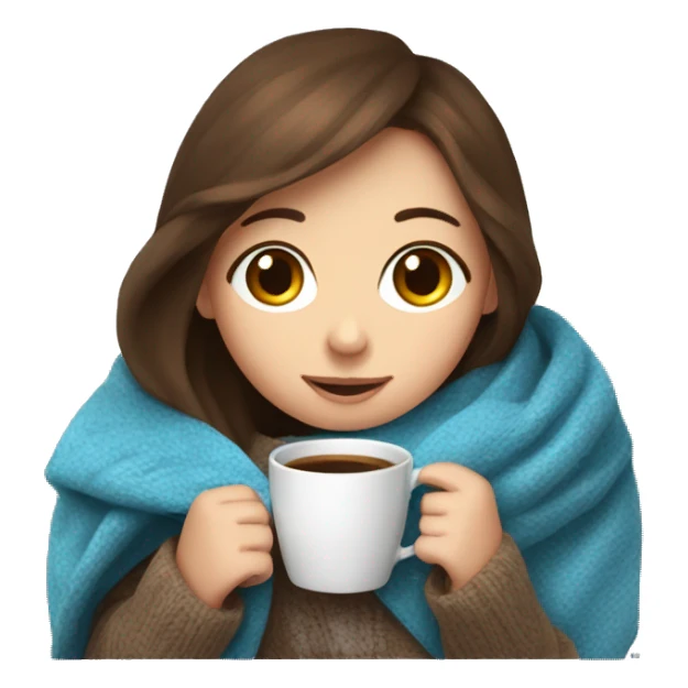 Brown hair blue eye Girl drinking coffee, with a cozy blanket sticker