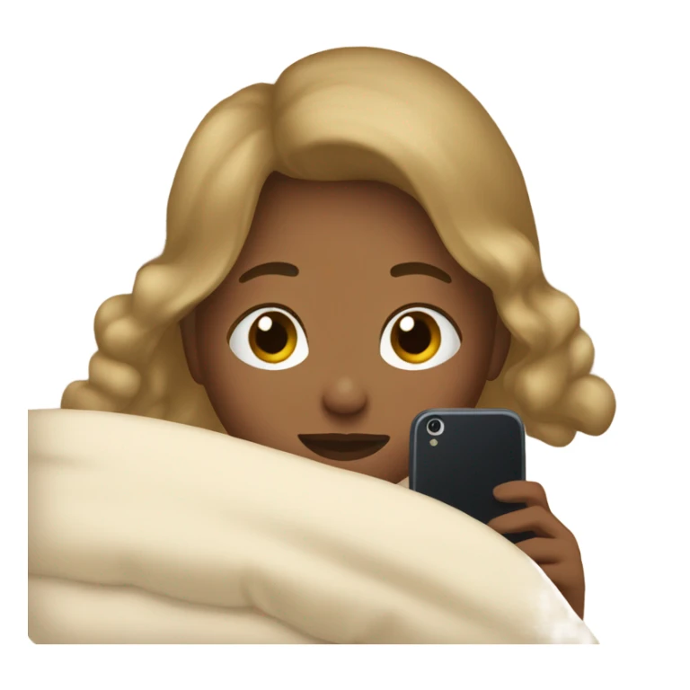 girl on her phone in a bed with a beige comforter  sticker