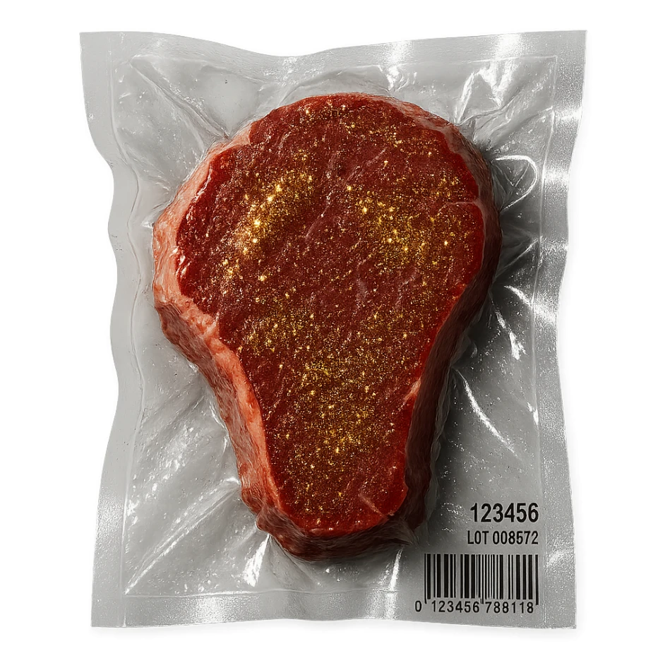steak with gold sparkles and highlights, shiny and inflated sticker