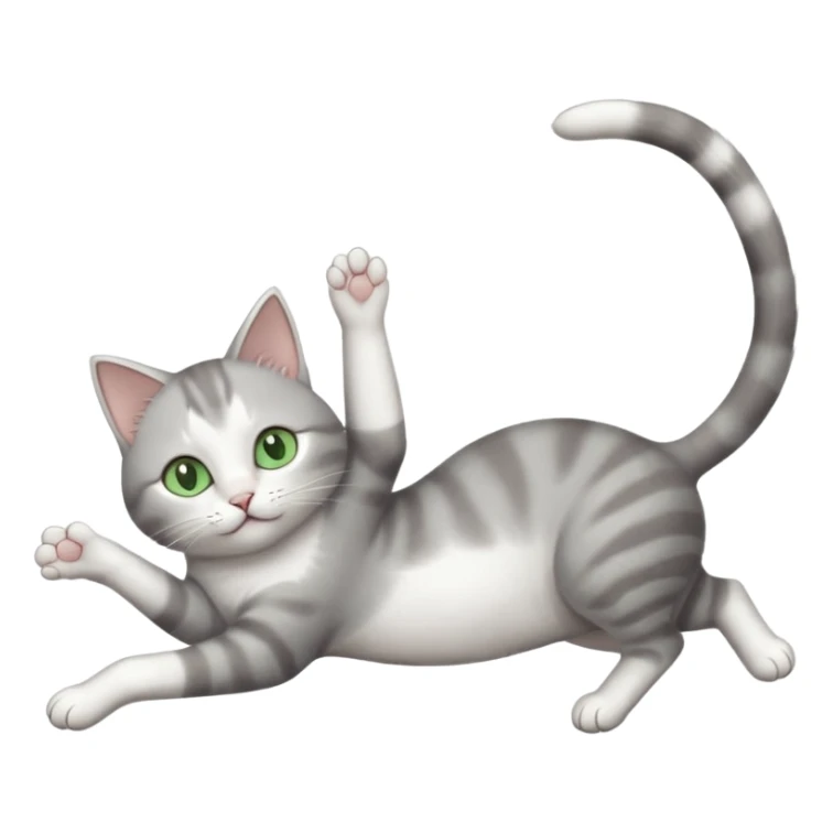 grey and white cat with green eyes doing a big extremely long stretch reaching up into the air with arms and legs side by side together straight and overextended whilst lying on its side sticker