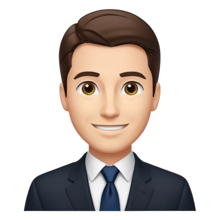 Caucasian man with slicked back brown hair, black suit, navy tie, elegant look standing  sticker