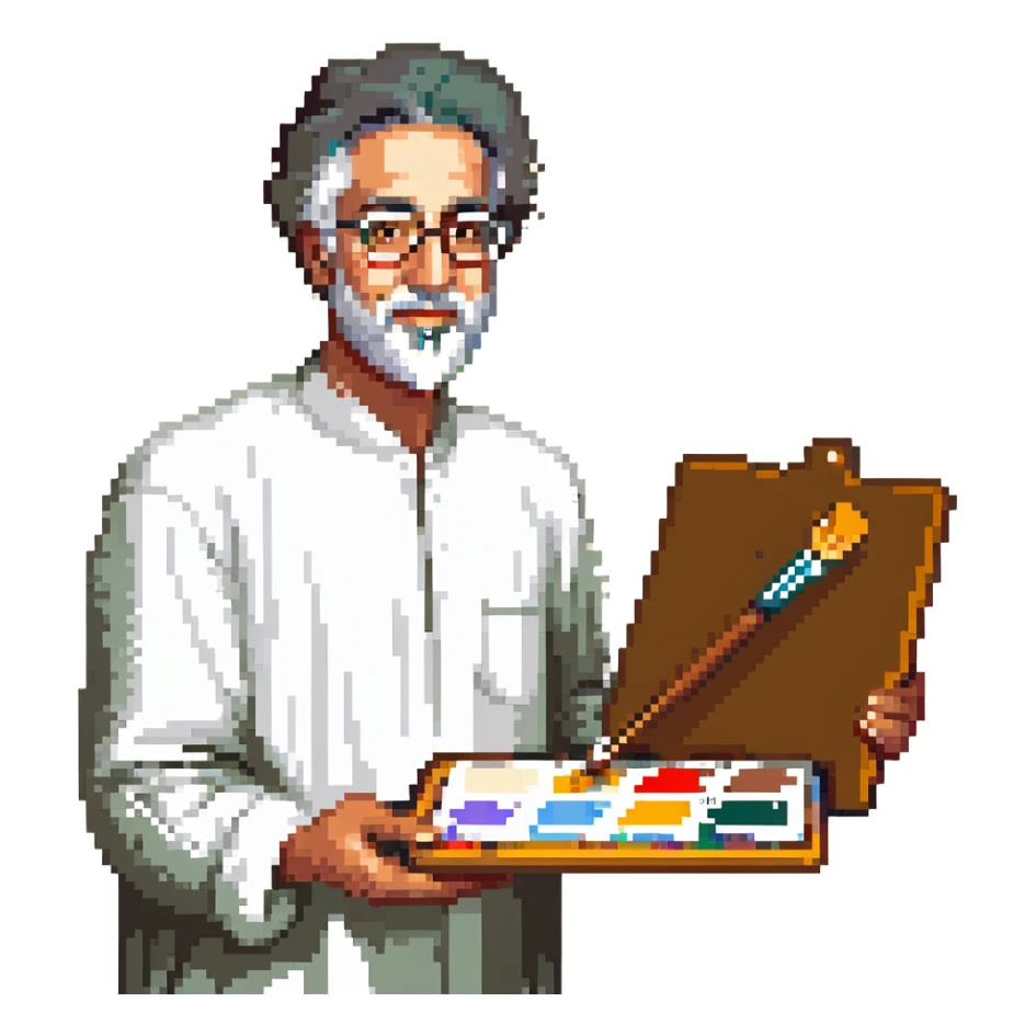 Kamal-ol-molk, Iranian painter, pixel art style, with a palette and brush sticker