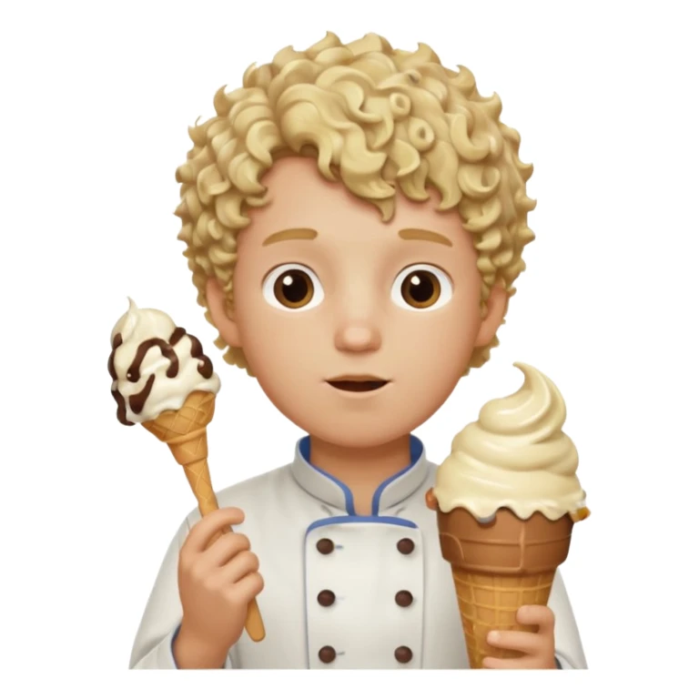 boy blonde curly hair, chef, eating big chocolate ice cream sticker