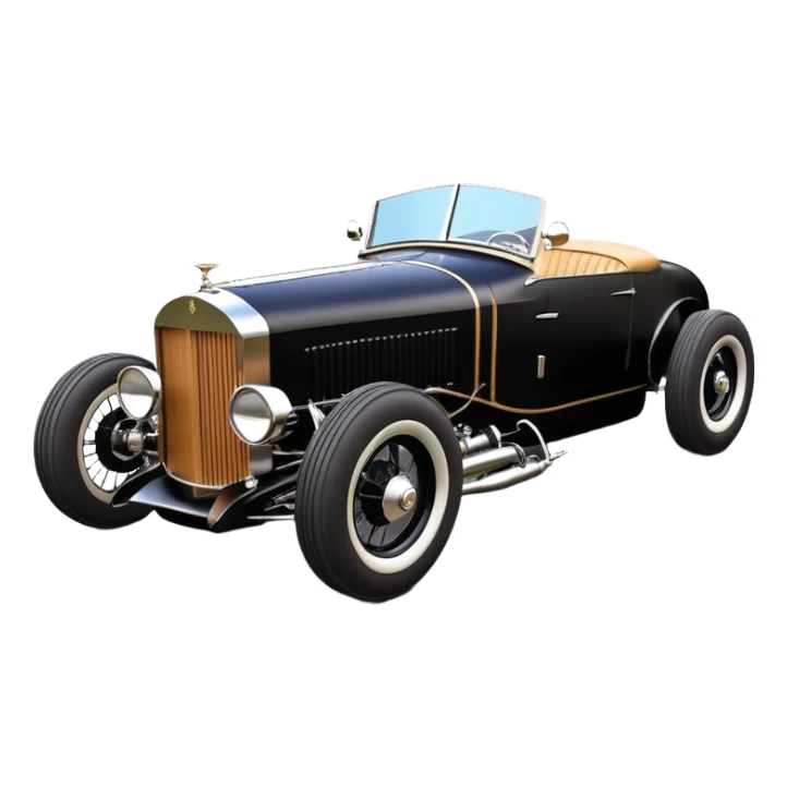 Batgirl’s black Bare bones (lowered cowl) drag racing modified (fenders removed) chopped streamlined sporty roadster that is a (stripped down) hot street rodded engine sports car 1932 Rolls Royce Woody futuristic  wide racing wheels that are held strong by advanced suspension and steering sticker