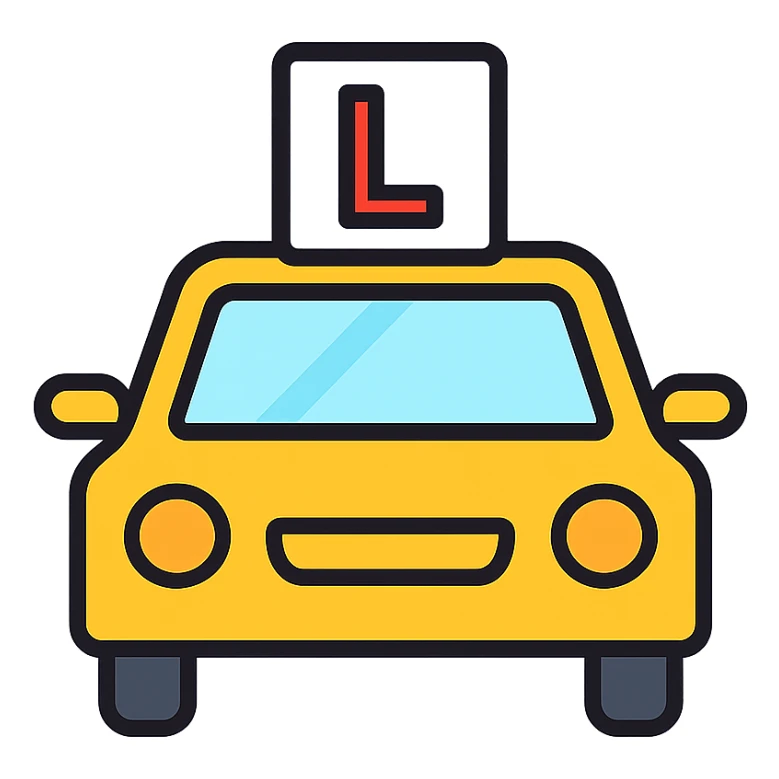 yellow car with a learner sign, simple and clear, modern icon style sticker
