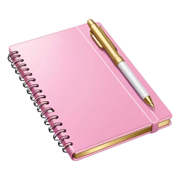 Notebook, gold and pink and white. angled view. with pen sticker