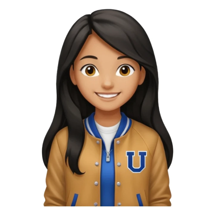 walk black long hair girl at university without backpack with varsity jacket sticker