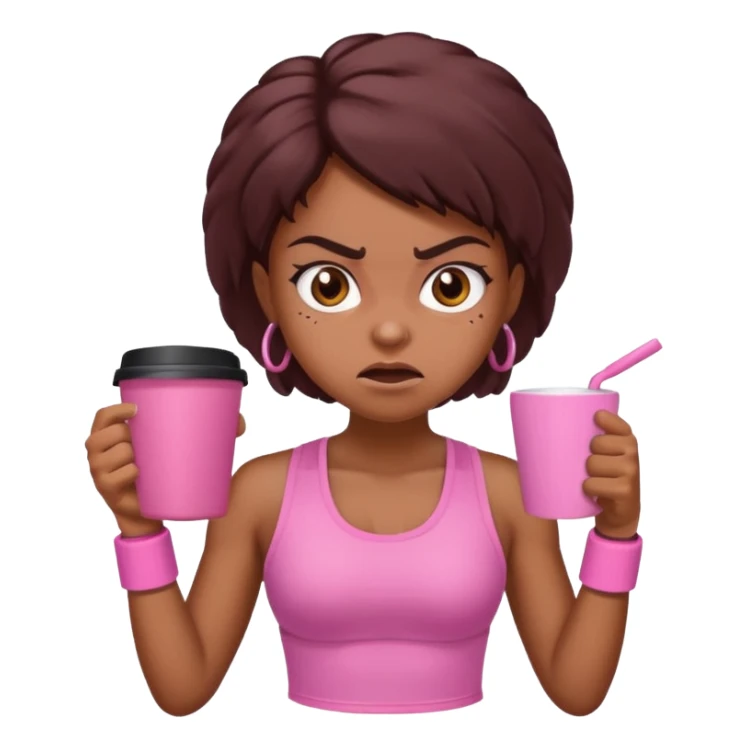 Angry brown girl with pink gym set and coffee sticker