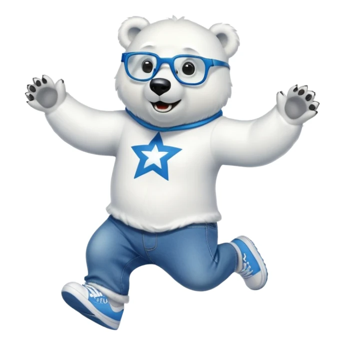 friendly anthropomorphised polar bear jumping and looking excited, wearing a shirt, jeans, trainers, star-shaped glasses sticker
