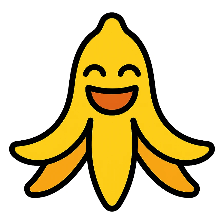 visual pun of a banana peel shaped like a laughing face, icon style sticker