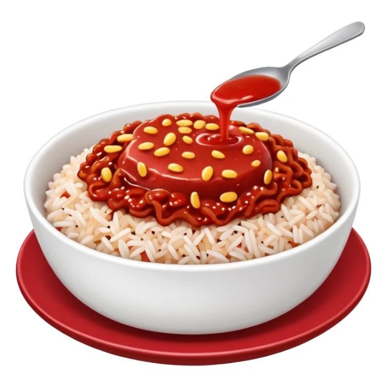 a plate of red sauce-covered rice (red donburi) with a bite taken out sticker