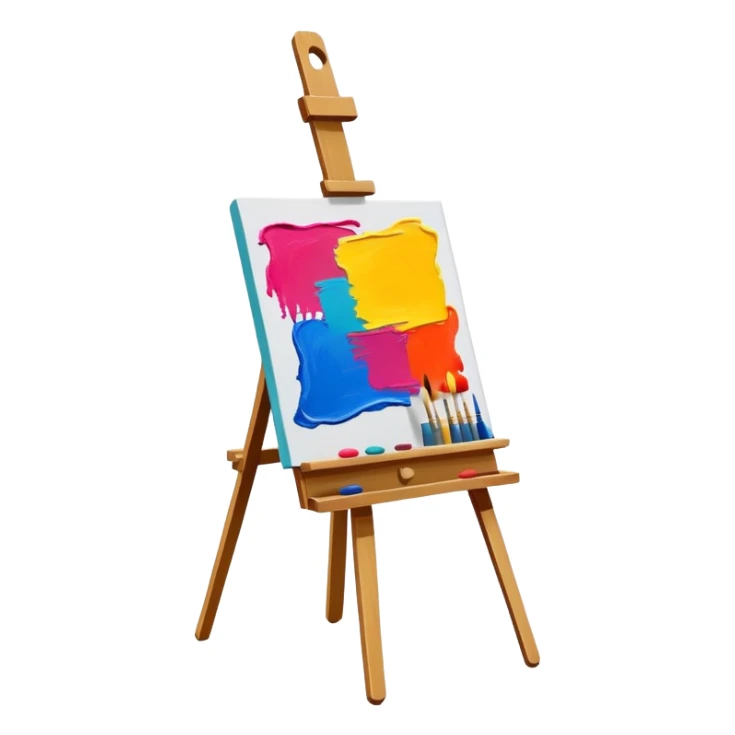 Painting on an easel, brush strokes, vibrant colors, abstract or classical style, textured effect, minimalistic, on a white background, no extra details, easel included. sticker