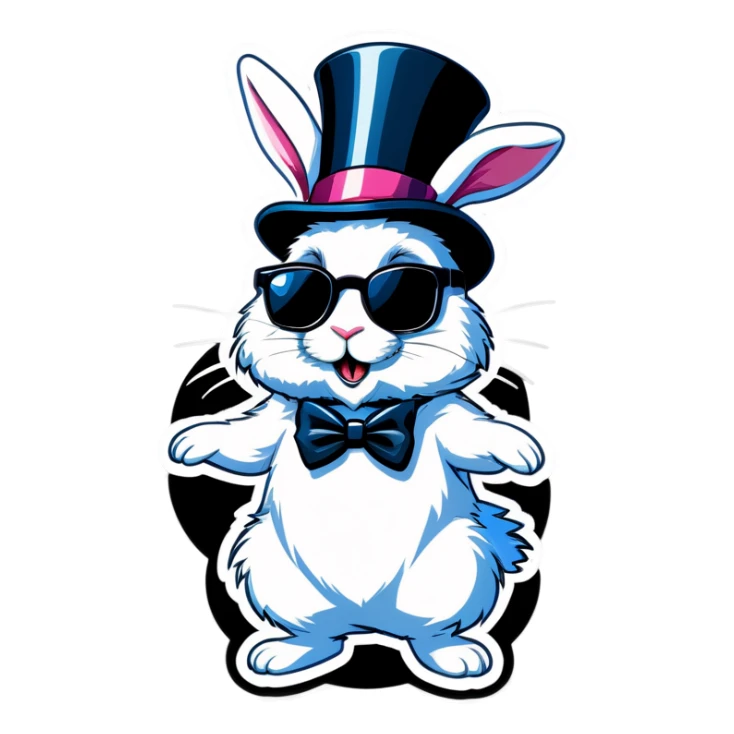 A cute, fluffy white rabbit (wearing dark sunglasses) peeks up and hops out of a sparkly animated top hat.  sticker
