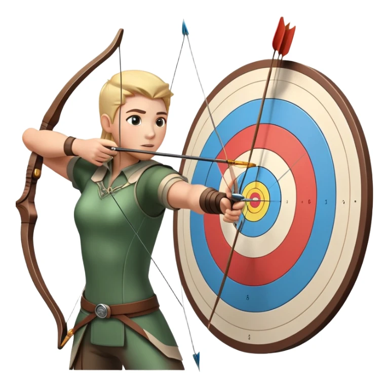 An archer drawing a bow and aiming an arrow at a target, with perfect focus and precision. The target is visible in the background, featuring concentric rings. The scene captures the concentration and skill involved in archery, emphasizing the elegance and accuracy of the sport. sticker