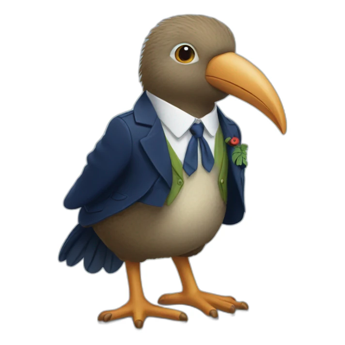 Kiwi bird wearing a school uniform, red vest and navy blue blazer sticker