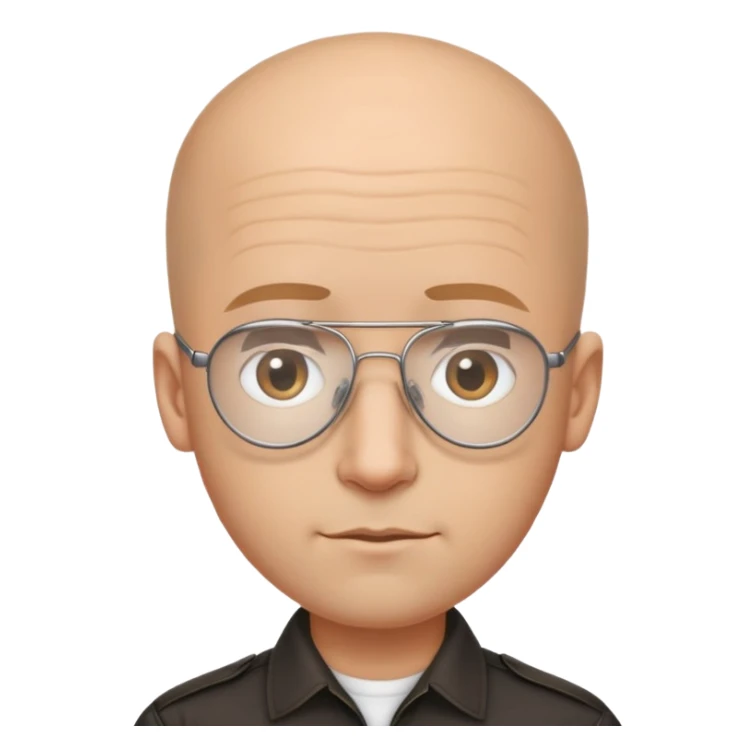 Oval-faced man with large forehead, aviator glasses, completely bald sides with extremely short dark curly hair only on crown, light brown skin, friendly neutral expression, black shirt sticker
