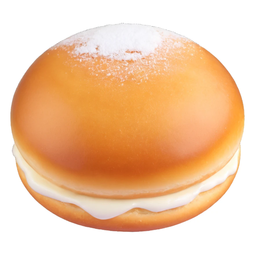 a single Berliner Krapfen, round, golden-brown, no hole, generously dusted with powdered sugar, with visible jam filling sticker