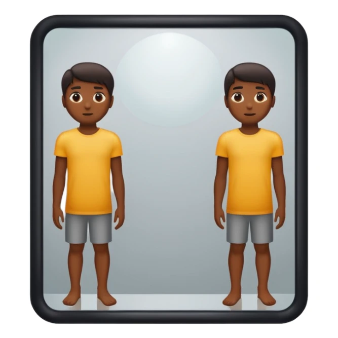 Minimalist emoji-style sticker of a person standing before a mirror, but the reflection is moving differently. Black and gray icon.
 sticker