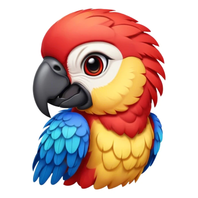 Cinematic Realistic Cute Macaw Portrait Emoji, Head tilted playfully and inquisitively, featuring a compact, lively build with intricately detailed, vivid scarlet and blue feathers and a charming, expressive face with round, sparkling eyes full of tropical wonder, rendered with realistic texture and vibrant natural hues, high shine, affectionate and spirited, styled with a touch of whimsical rainforest charm, soft glowing outline, capturing the essence of a mischievous yet lovable macaw that seems poised to flutter playfully into your arms! sticker