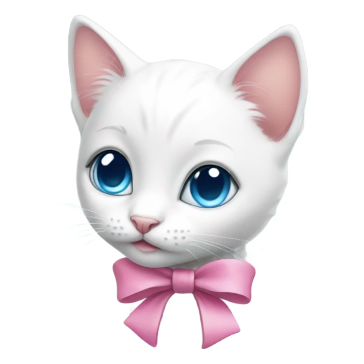 a white kitten with blue eyes and a pink bow around its neck sticker