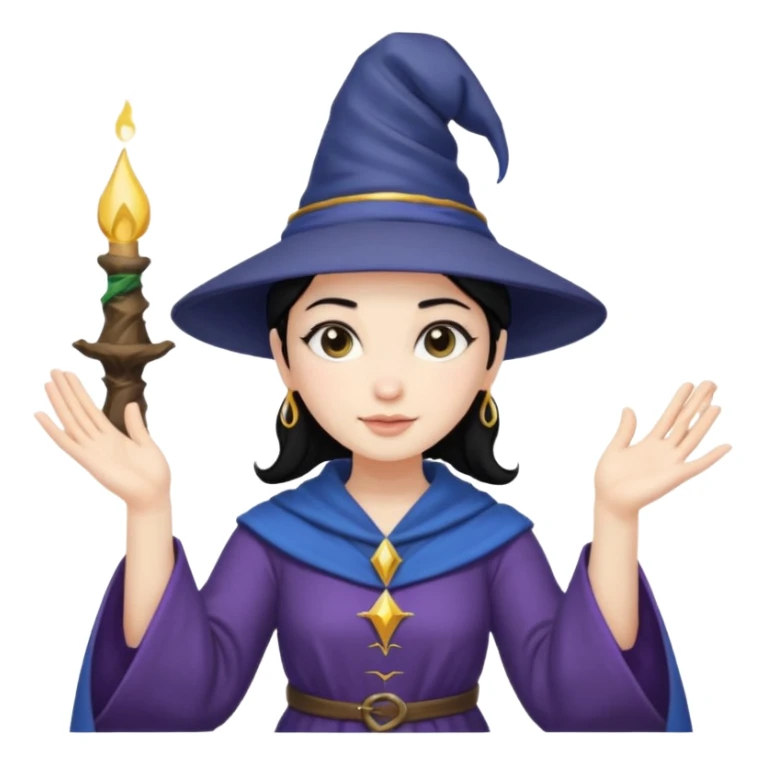 female wizard with black hair in a low bun under a wizards hat with both hands palm up sticker