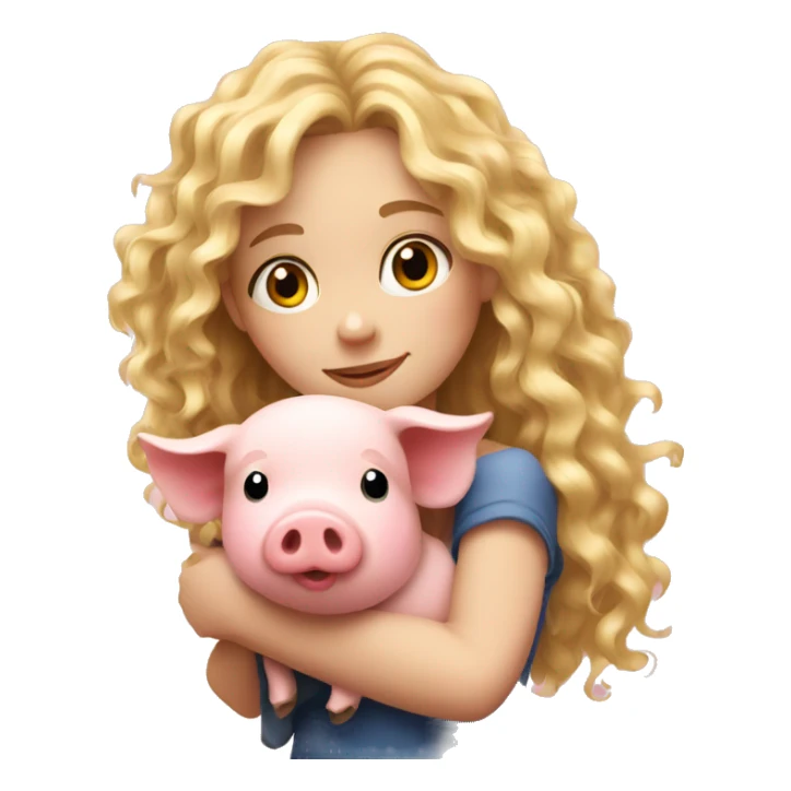 pretty curly long blonde girl hugging a pig sticker