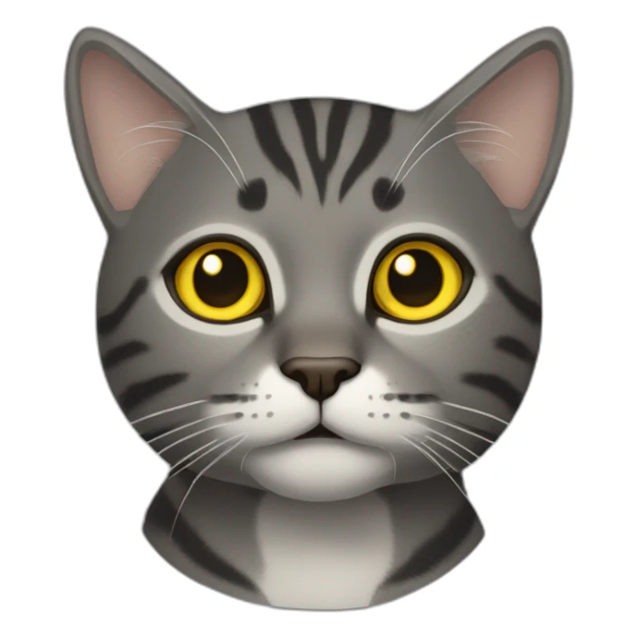 dark gray tabby cat with yellow eyes, black nose, some brown around mouth, tip of left ear missing, brown around mouth sticker