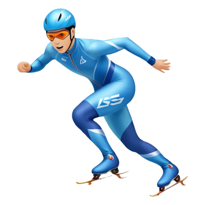 An icon showing a speed skater in a dynamic pose racing on a professional ice track, dressed in an aerodynamic suit. The scene includes a stadium with cheering crowds, icy reflections, and a snowy mountain backdrop. Transparent background captures the speed and intensity of the sport. sticker
