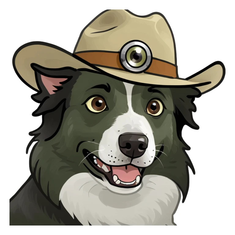 Border collie with crazy eyes wearing a cowboy hat sticker