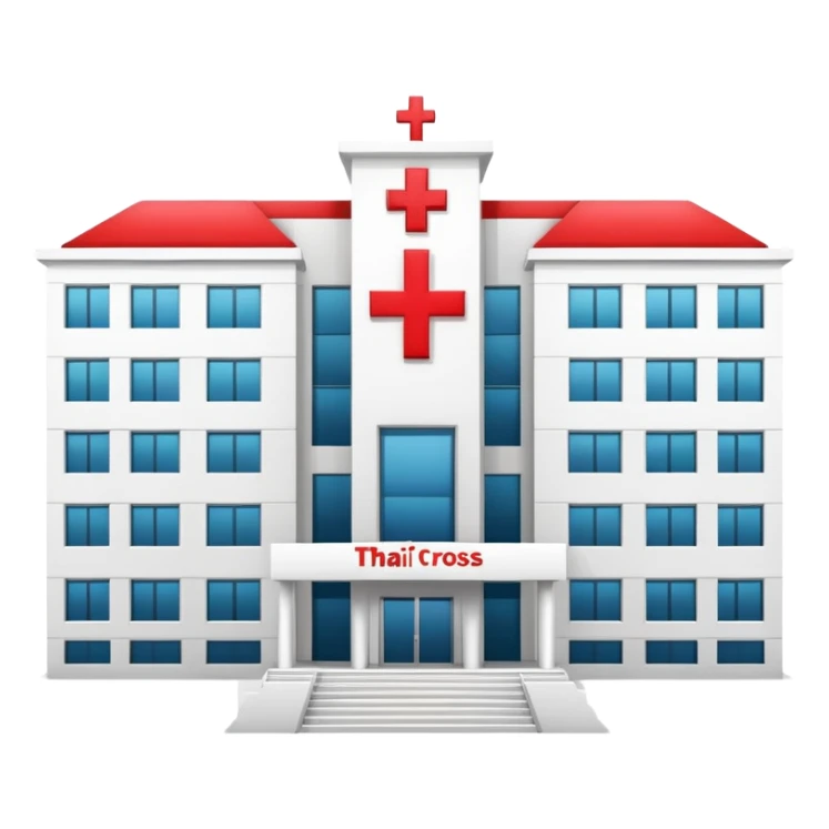 Modern Bangkok hospital building with Thai architectural elements, red cross symbol sticker