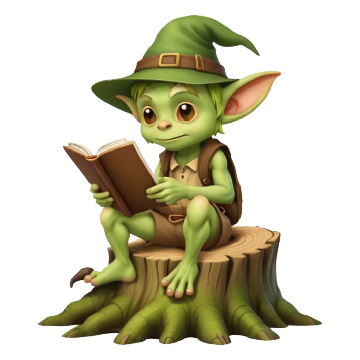Goblin with hat reading a book sat on a tree stump sticker