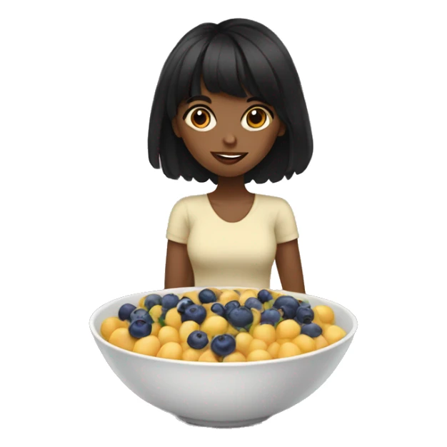 brown girl with black hair with bangs eating blueberries in bowl sticker