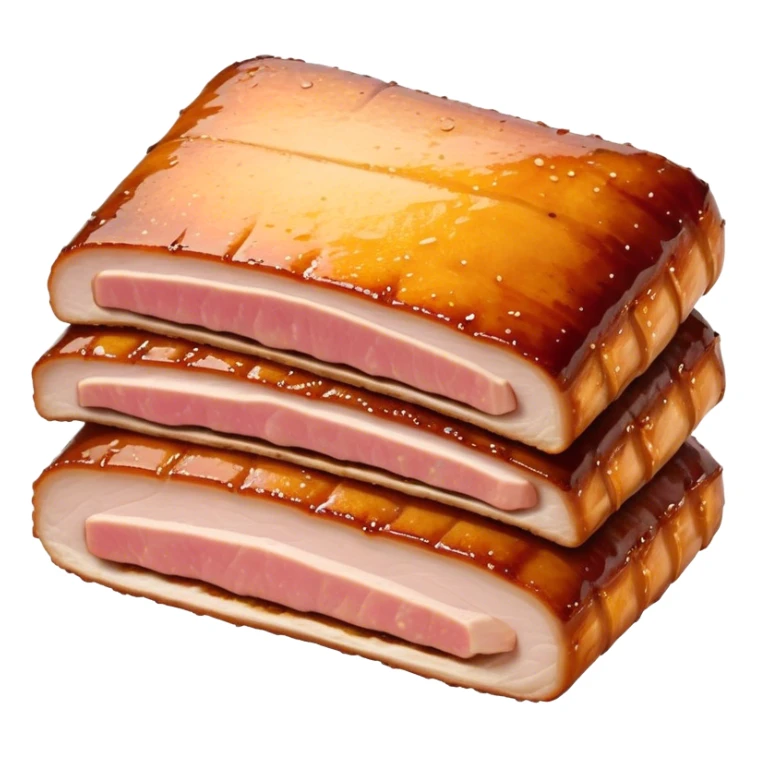 Cinematic tender pork belly, slow-roasted to perfection, crispy caramelized edges, glistening with juices, sliced into thick, rich layers, warm golden tones, luxurious and indulgent. sticker