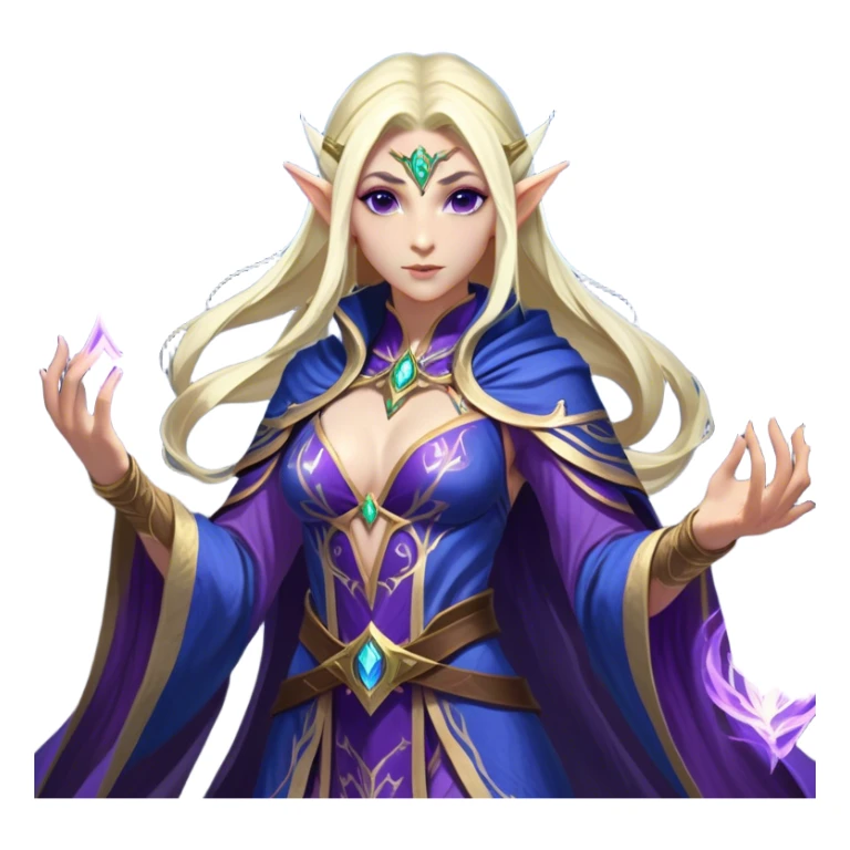 Cinematic Realistic WoW Elf Mage Portrait, captured in a dynamic, battle-ready stance, her graceful form exuding raw arcane energy. Her luminous skin and delicate features, set against an intricately detailed robe in consistent deep blues and purples with golden accents, are rendered with lifelike texture and dynamic, magical lighting, high shine, fierce and commanding, embodying the relentless spirit of an elven sorceress mid-spell. sticker