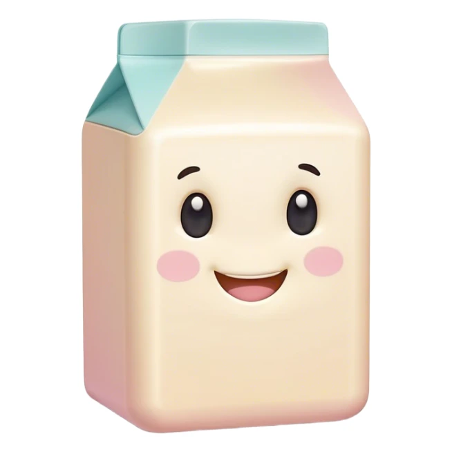 Cinematic adorable milk carton, soft pastel colors, tiny rounded edges, chubby smiling face, warm glowing highlights, gently tilting in a playful pose. sticker