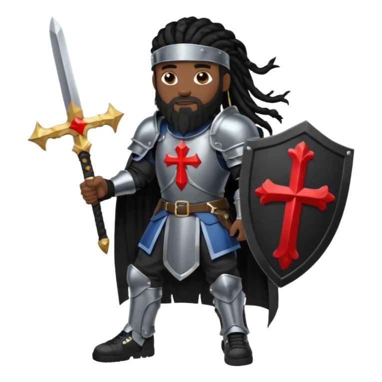 African American with long black dreadlocks with black beard wearing a black knight amour wearing wearing black Air Force 1 low top shoes holding a shield with cross on it and a double edge sword sticker